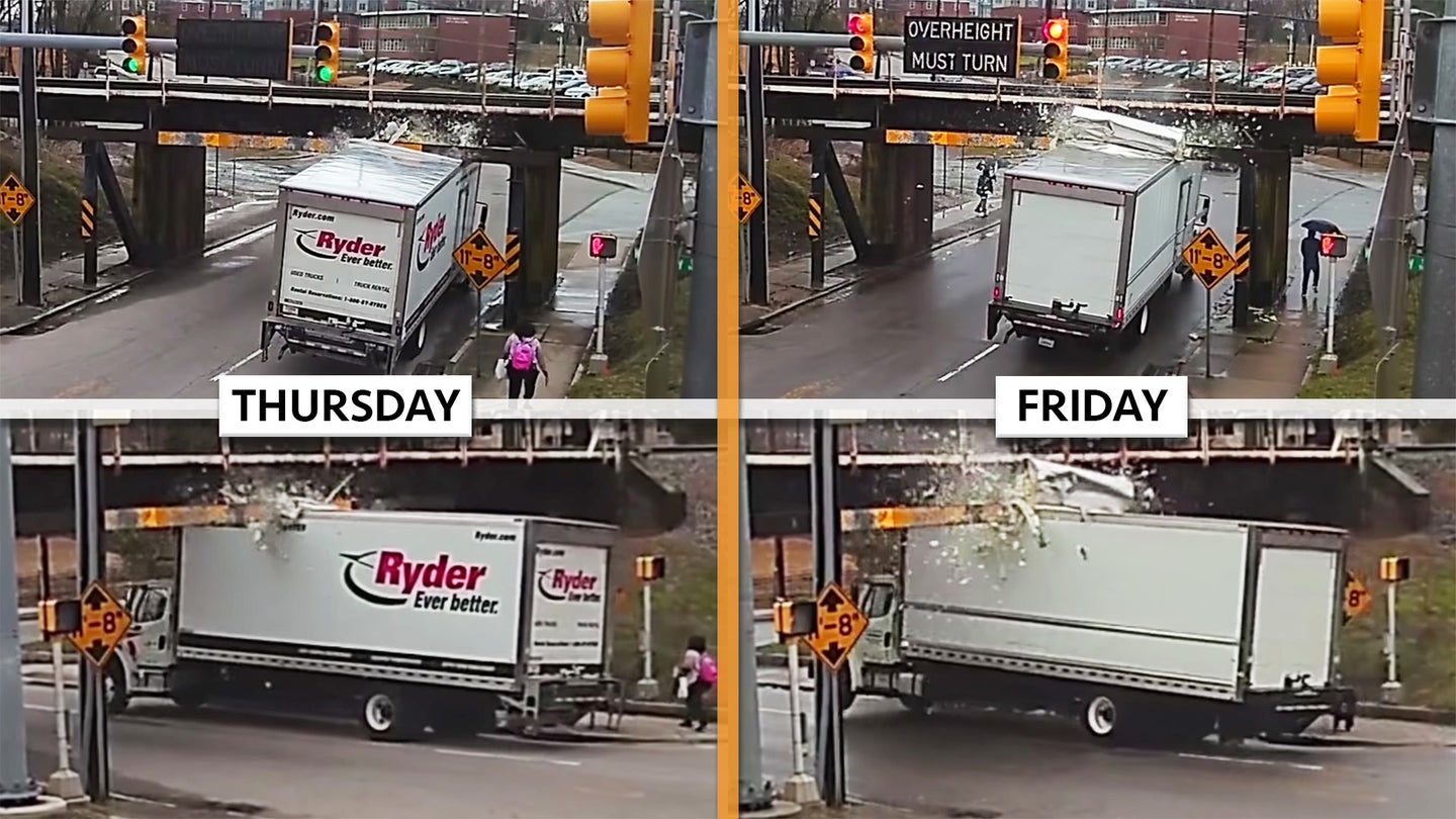Watch the Famously Low ’11-Foot-8′ Bridge Claim Two Refrigerated Box Trucks in Two Days