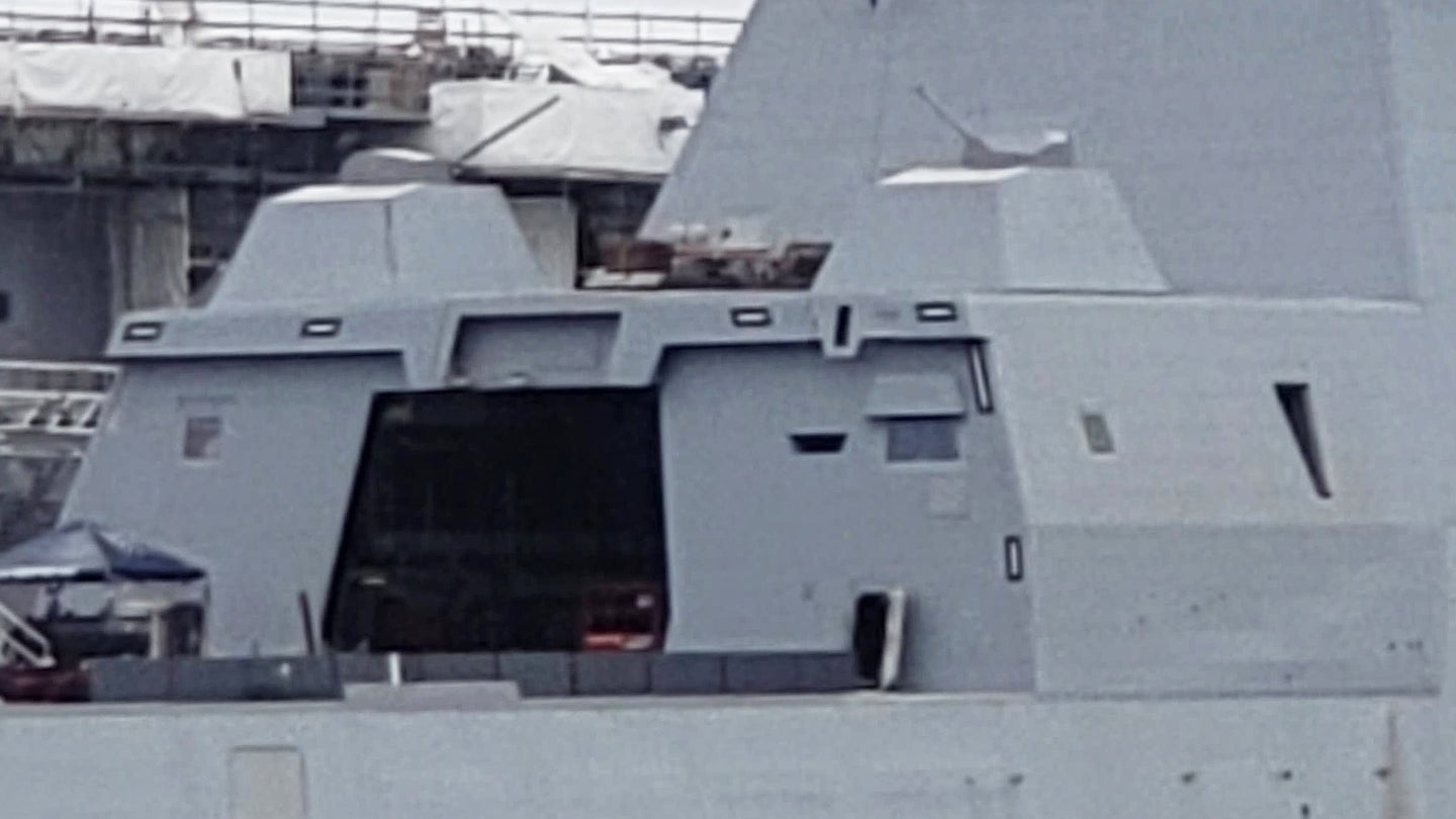 Navy&#8217;s First Stealthy Zumwalt Class Destroyer Photographed With 30mm Guns Fitted