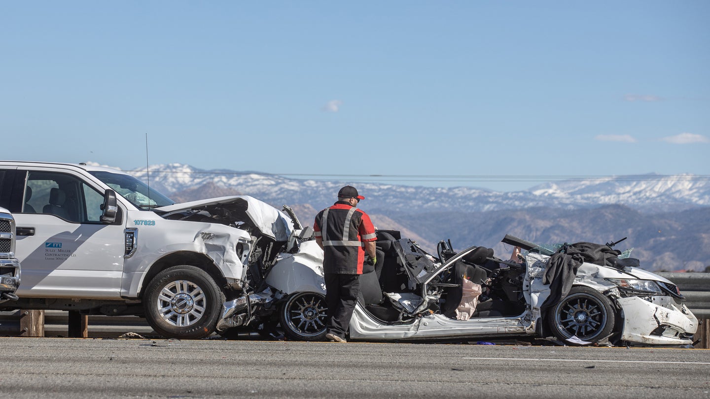 Honda Civic Left Mangled After Violent Crash With Ford Super Duty and Toyota Tacoma