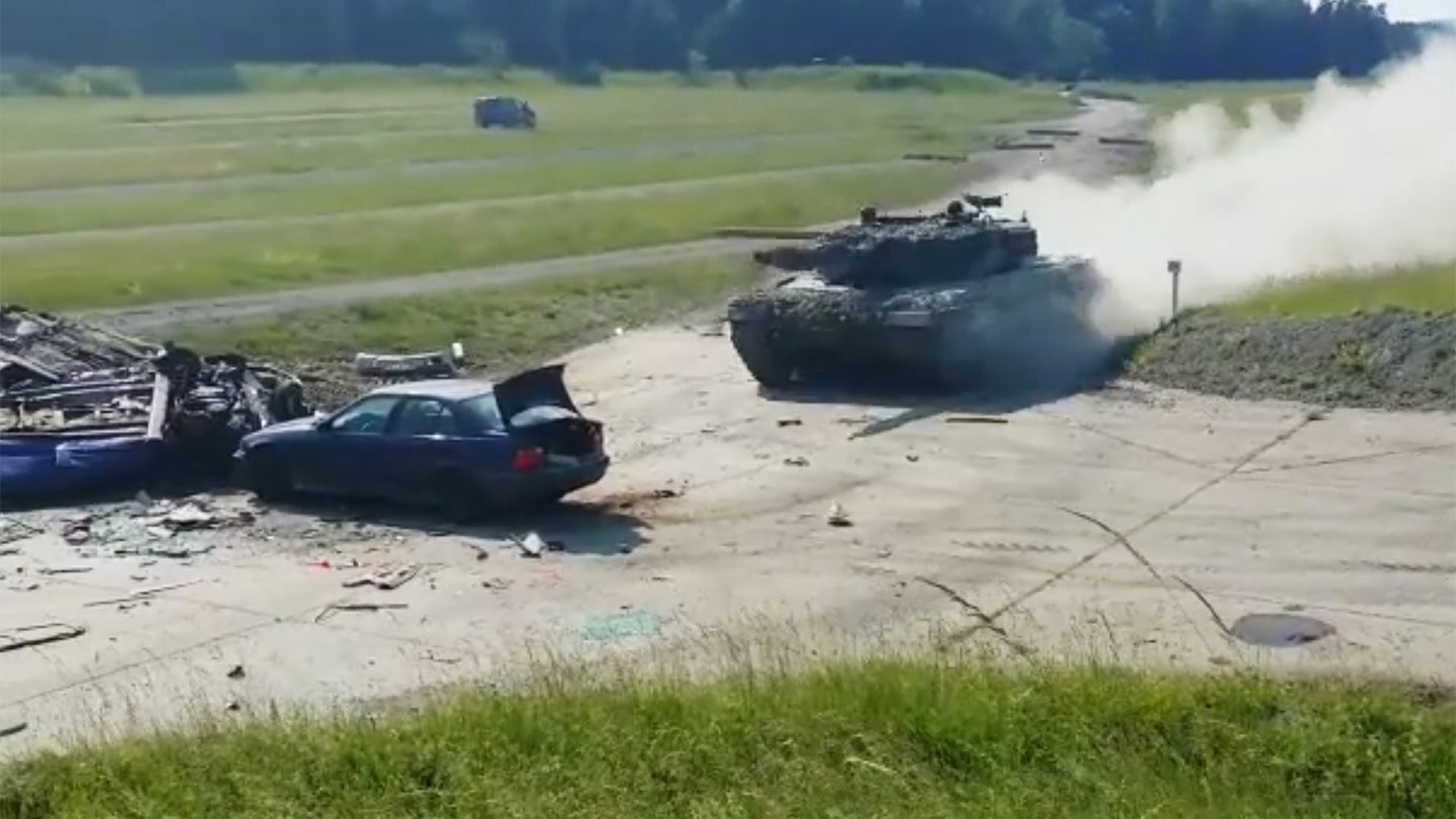 Watch a Speeding Leopard 2A4 Tank Completely Obliterate a BMW 3 Series