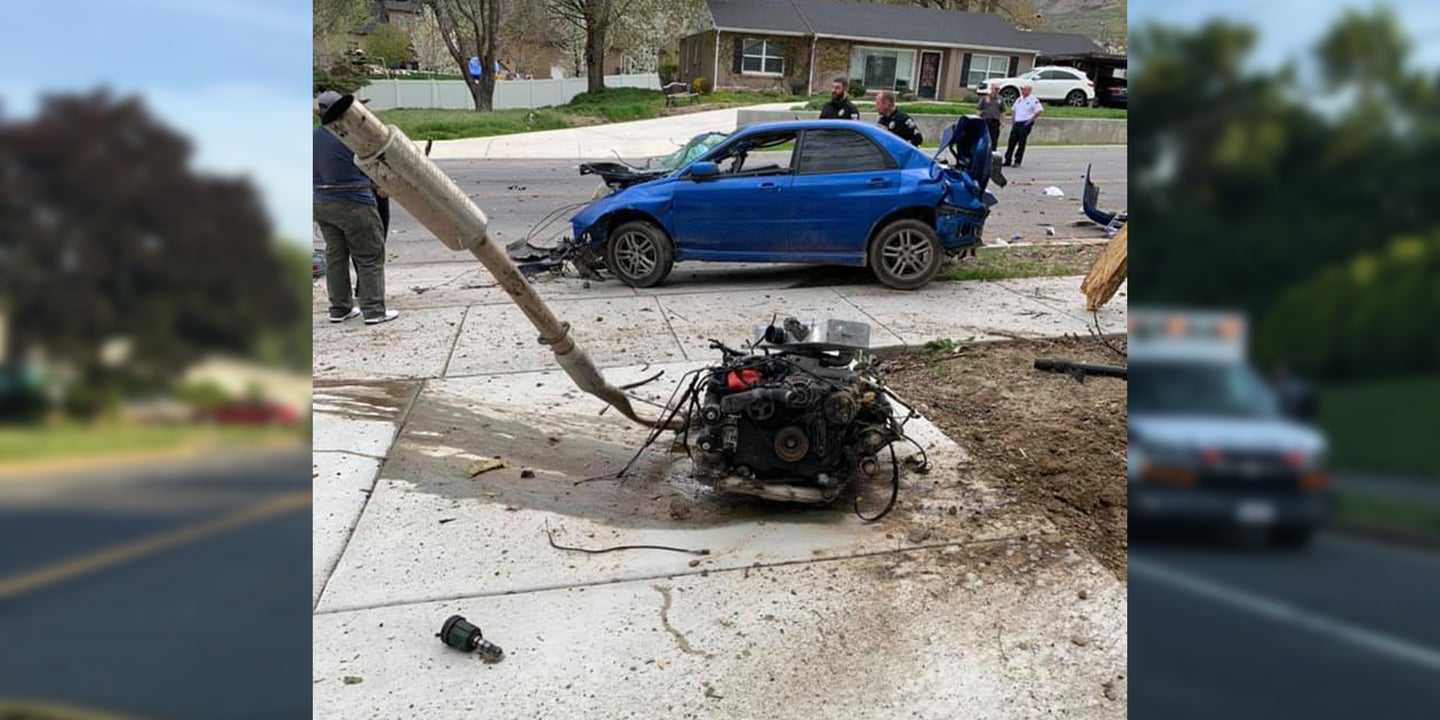 High-Speed Crash Launches Whole Subaru WRX Engine and Transmission Into Nearby Yard