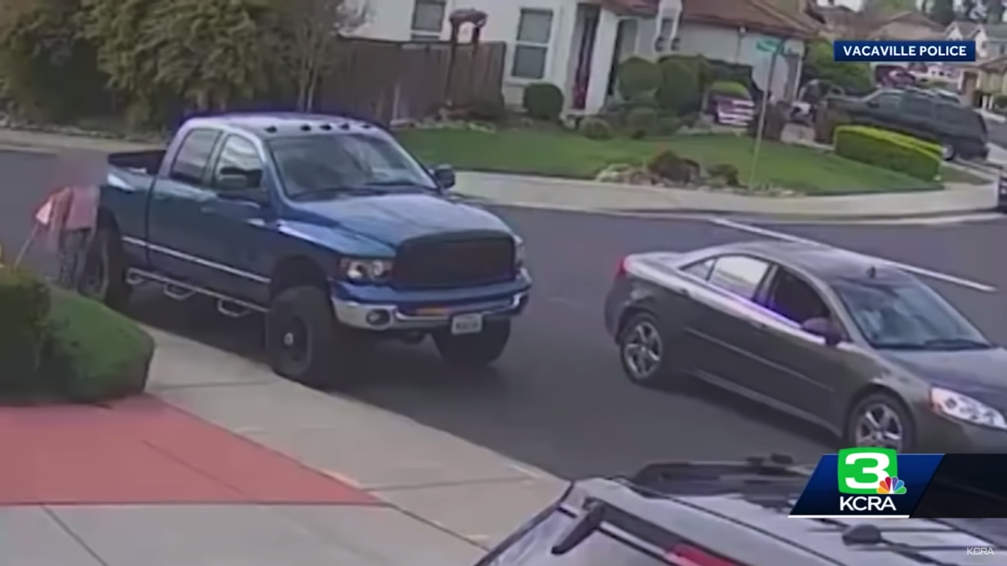 Watch a Young Girl Hide Behind a Lifted Ram Pickup Truck to Escape Possible Kidnapper