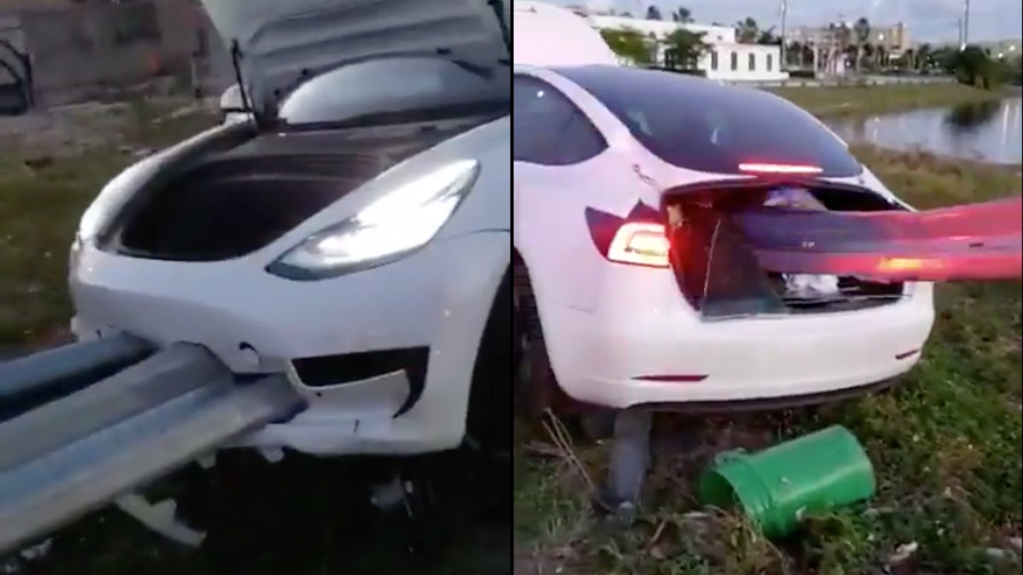 Shocking Video of Tesla Model 3 Skewered by Guardrail Has Us Scratching Our Heads