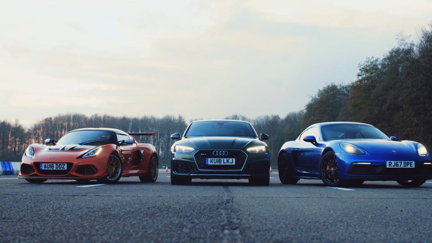Audi RS5 Drag Races Porsche Cayman GTS and Lotus Exige Cup 430—Who Wins?