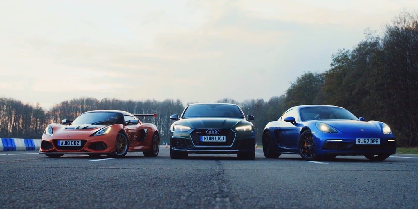 Audi RS5 Drag Races Porsche Cayman GTS and Lotus Exige Cup 430—Who Wins?