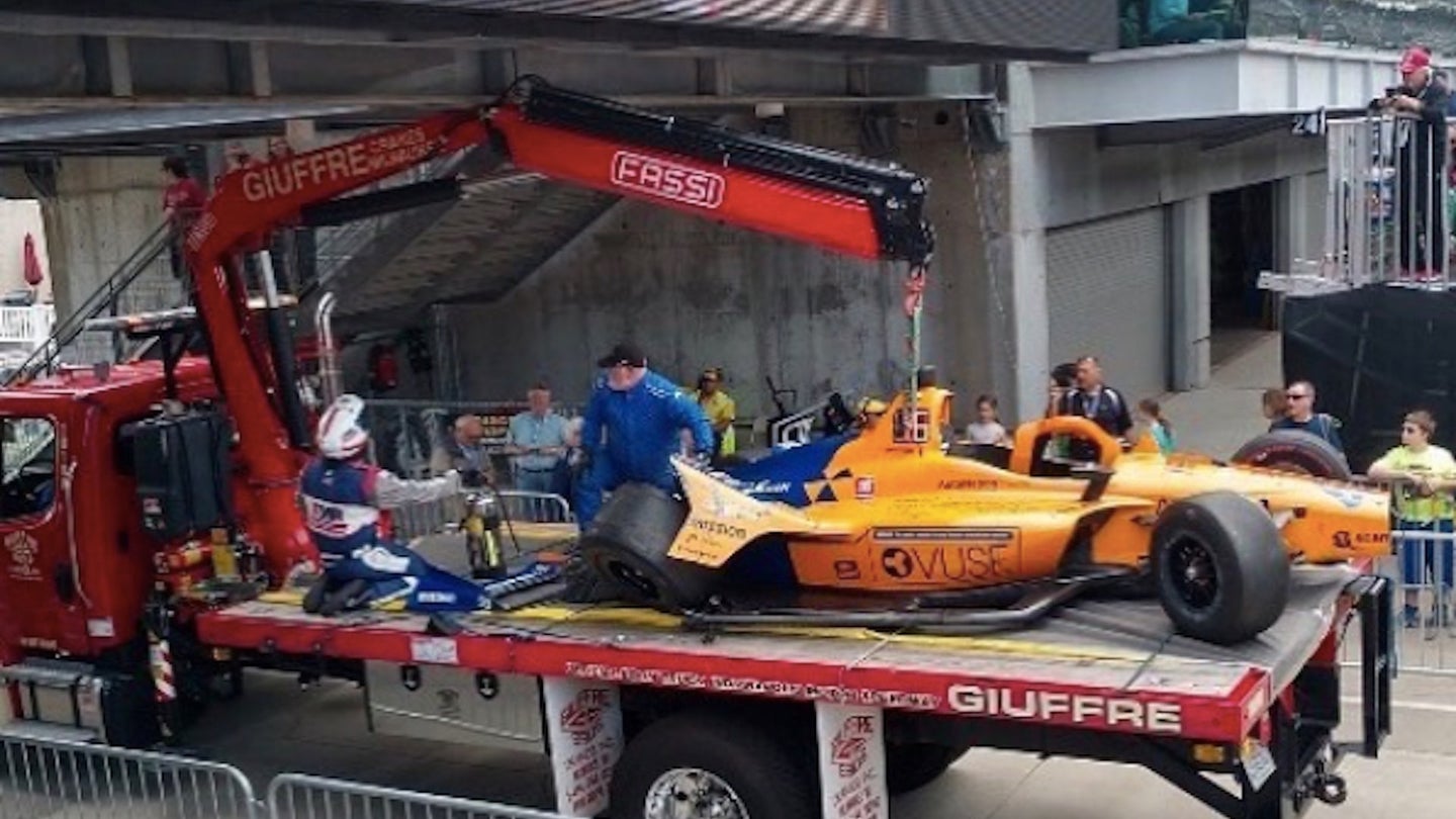 Indy 500: Wrecker Truck Carrying Fernando Alonso’s Mangled McLaren IndyCar Crashes Into Bridge