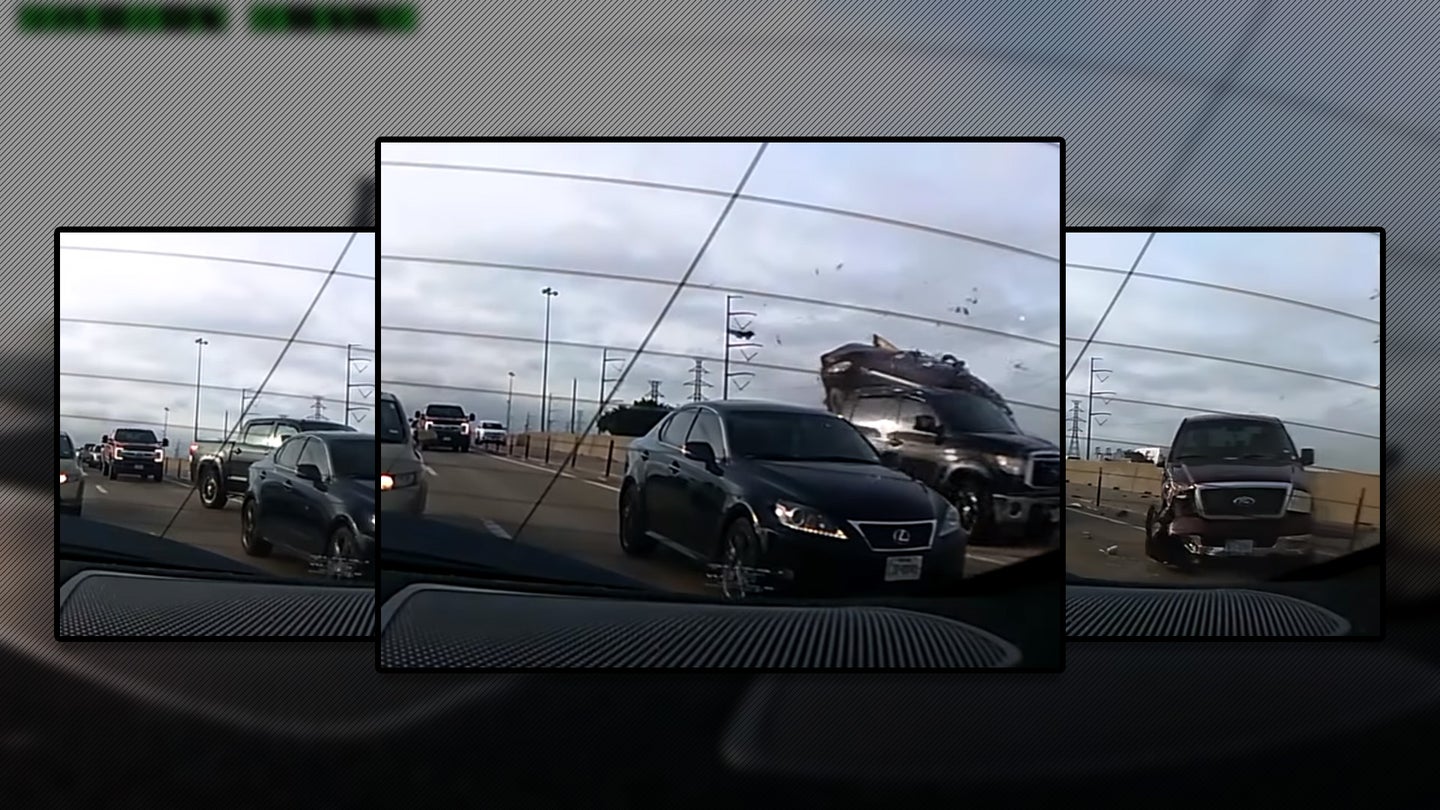 Toyota Tundra Trying to Cut People off in Traffic Immediately Gets Rear-Ended by Ford F-150