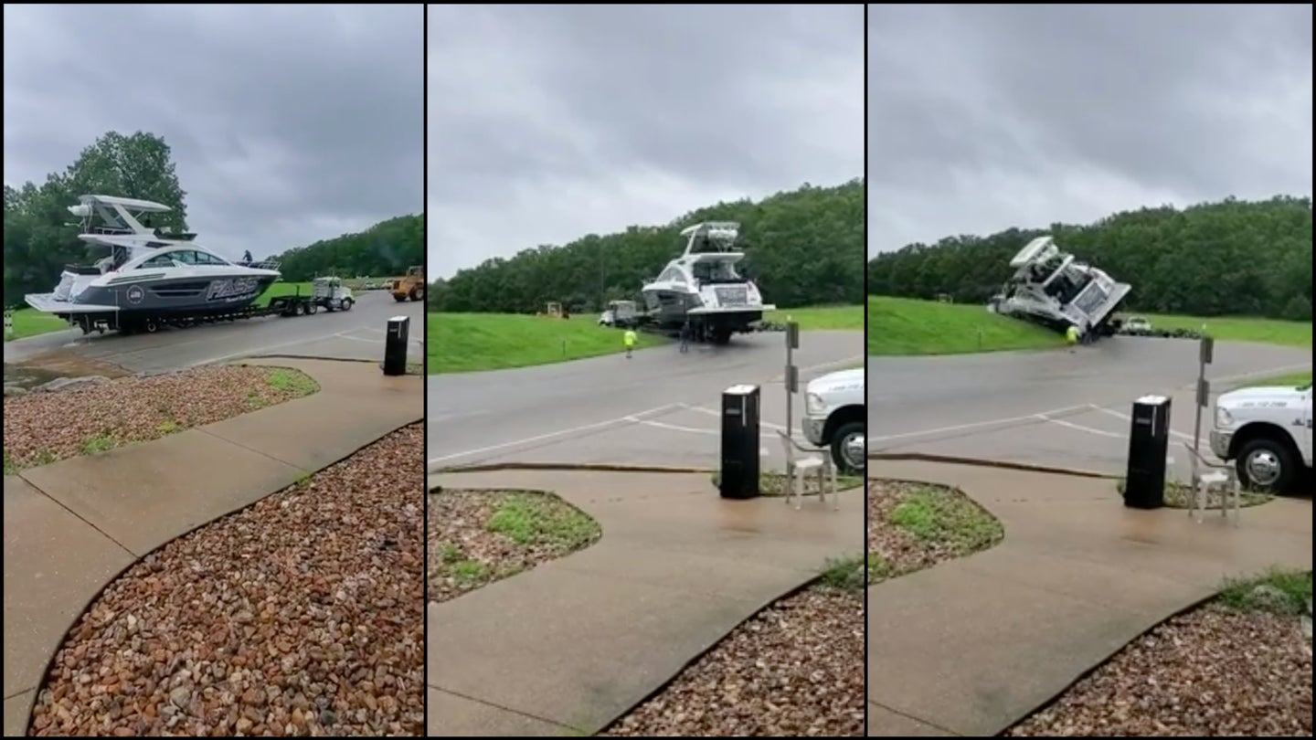 Cringeworthy Video Shows Luxury Yacht Falling off Semi Truck While Driving