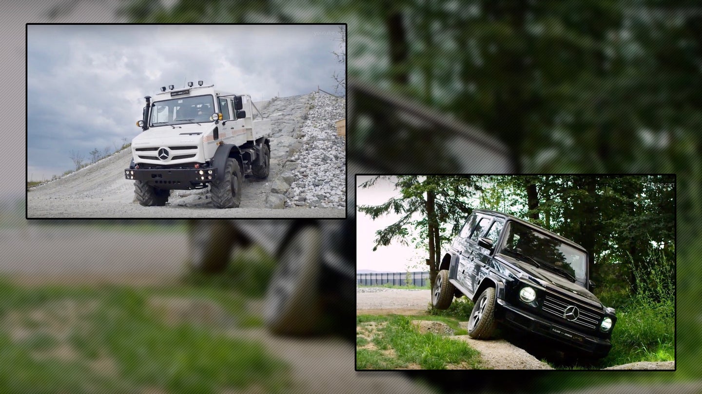 Watch a 2019 Mercedes-Benz G-Class and Unimog Annihilate Off-Road Obstacles With Ease
