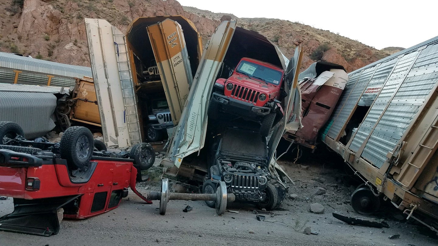 Catastrophic Freight Train Derailment Destroys Dozens of Jeep Gladiators, GM Trucks