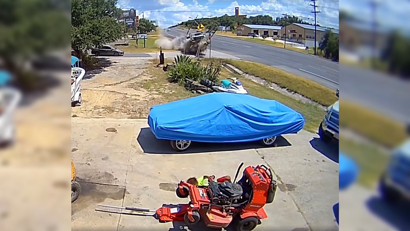 Shocking Video Captures A Wild Trailer-Towing Truck Crash Into A Parked Pickup