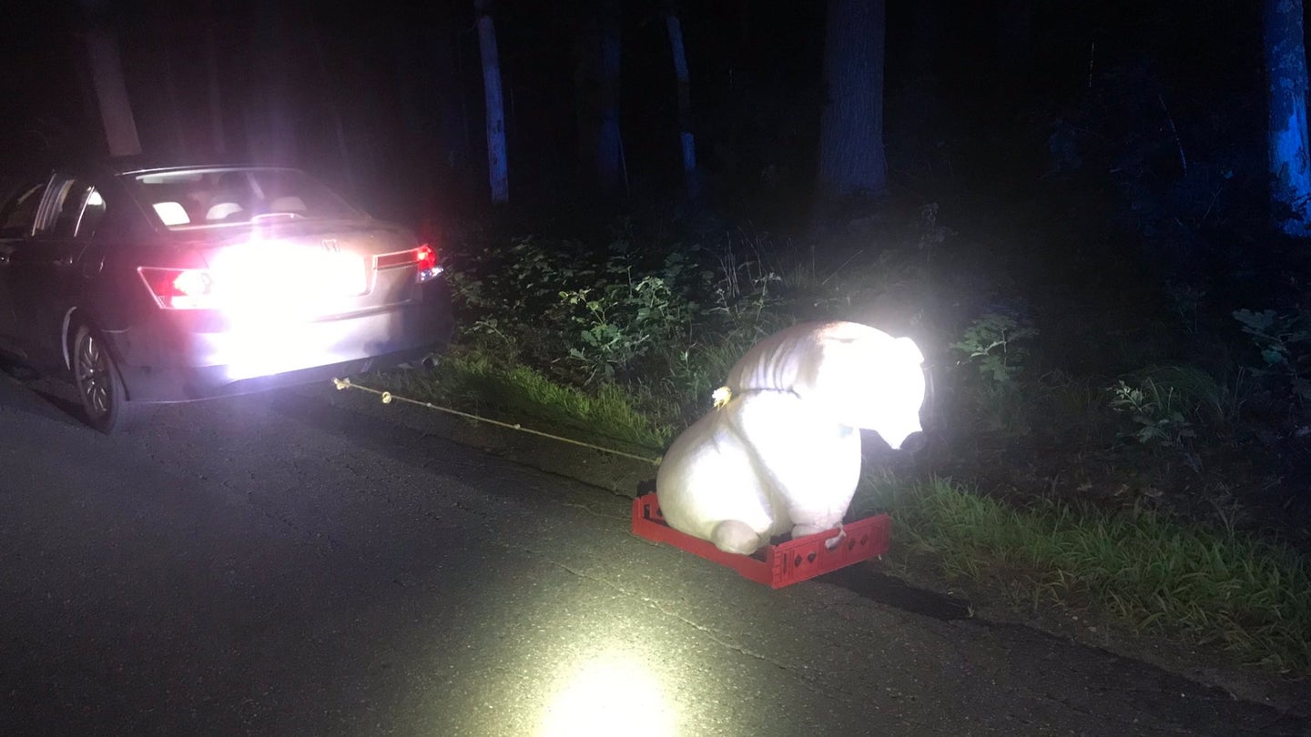 Honda Accord Driver Busted for Towing Huge Stuffed Bear on Makeshift Trailer