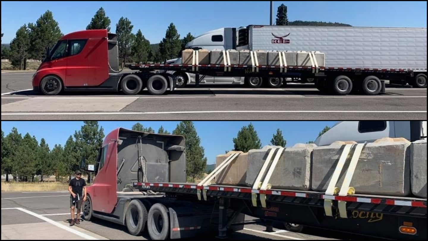tesla semi prototype spotted hauling pound load through northern california