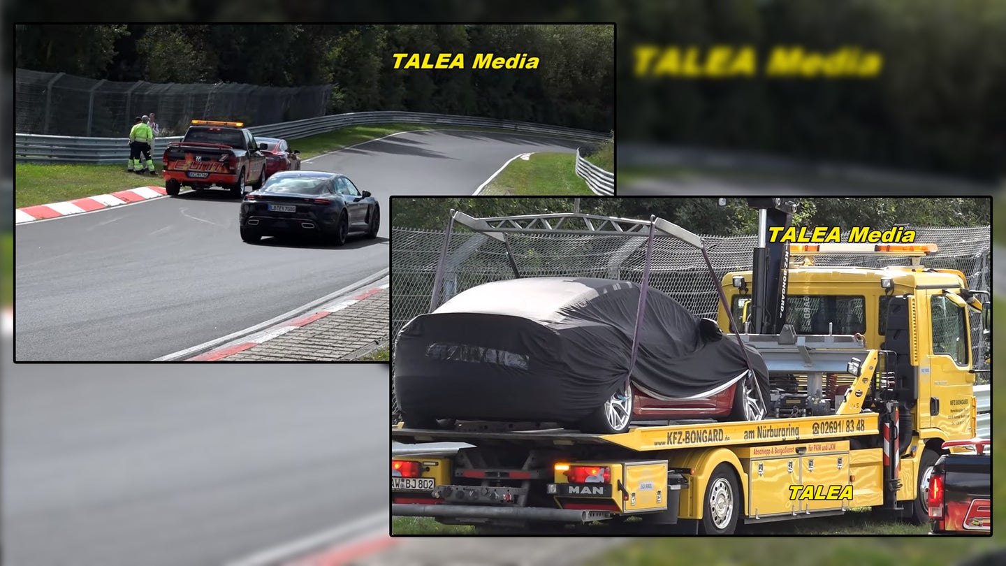 Porsche Taycan Laps Broken-Down Tesla Model S Prototype at the Nurburgring