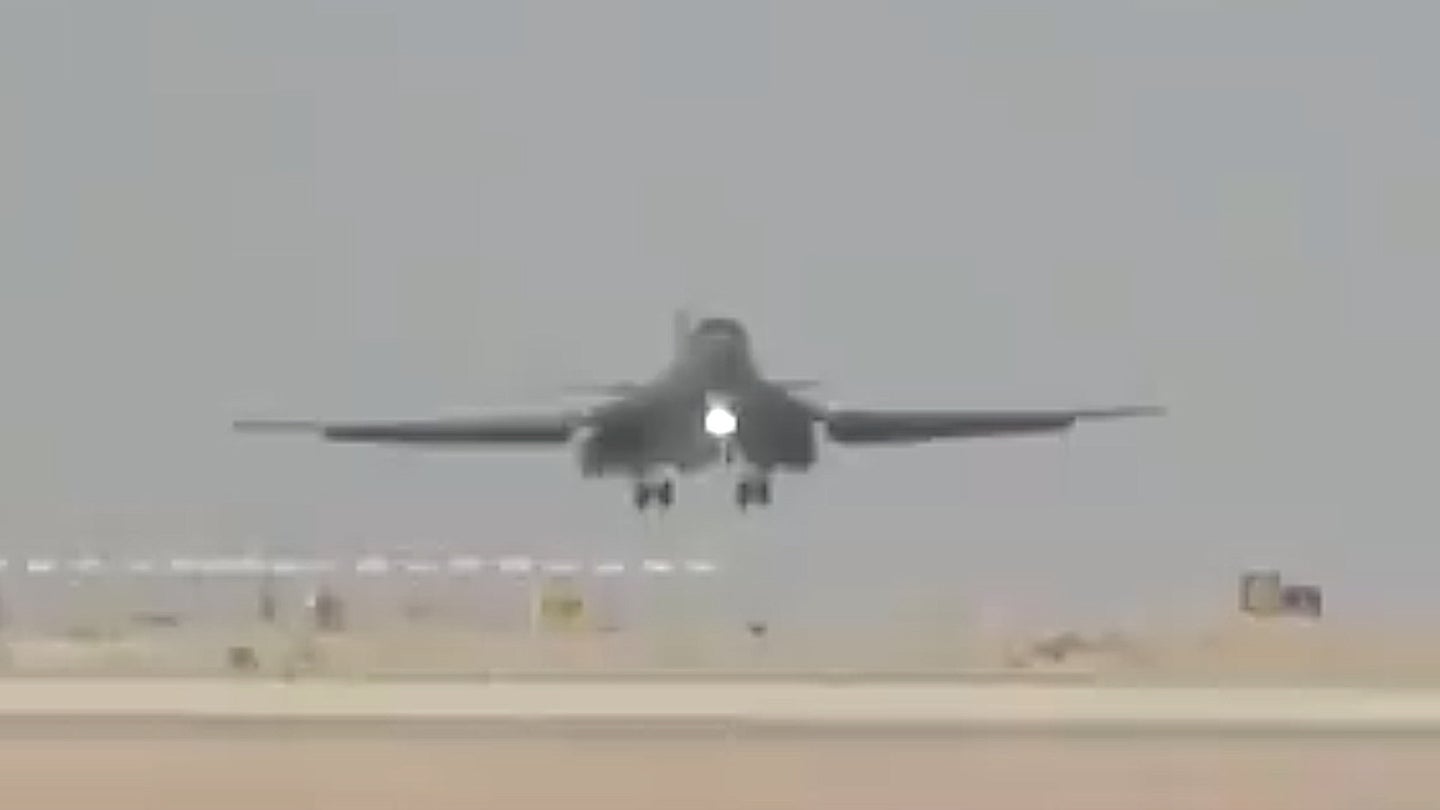 A B-1 bomber lands at Prince Sultan Air Base in Saudi Arabia in 2019.