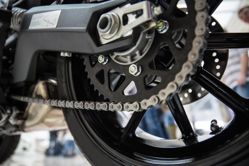 Modern motorcycle drive chain closeup.