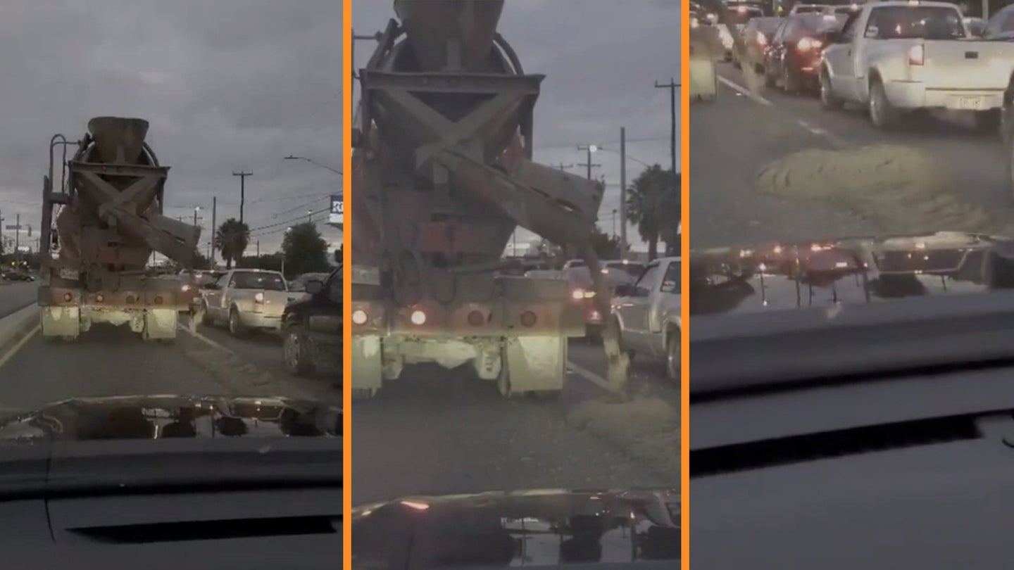 Watch an Oblivious Truck Driver Dump Cement on Cars as It Drives Down the Road