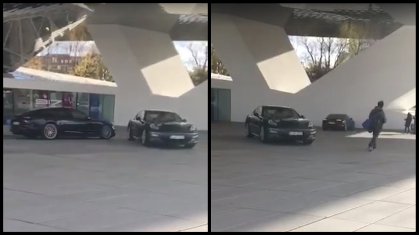 Watch a Rogue Porsche Panamera Roll Away and Crash Into a Wall at the Porsche Museum