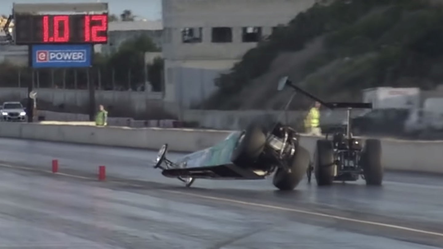 Wheelie-Popping Dragster Nearly Collides With Other Car, Pulls off Masterful Save