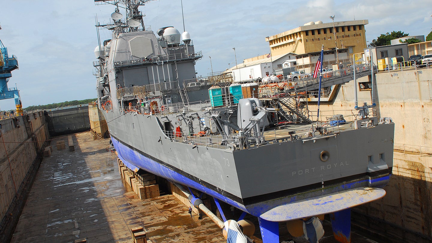 The Ticonderoga class cruiers USS Port Royal in dry dock.
