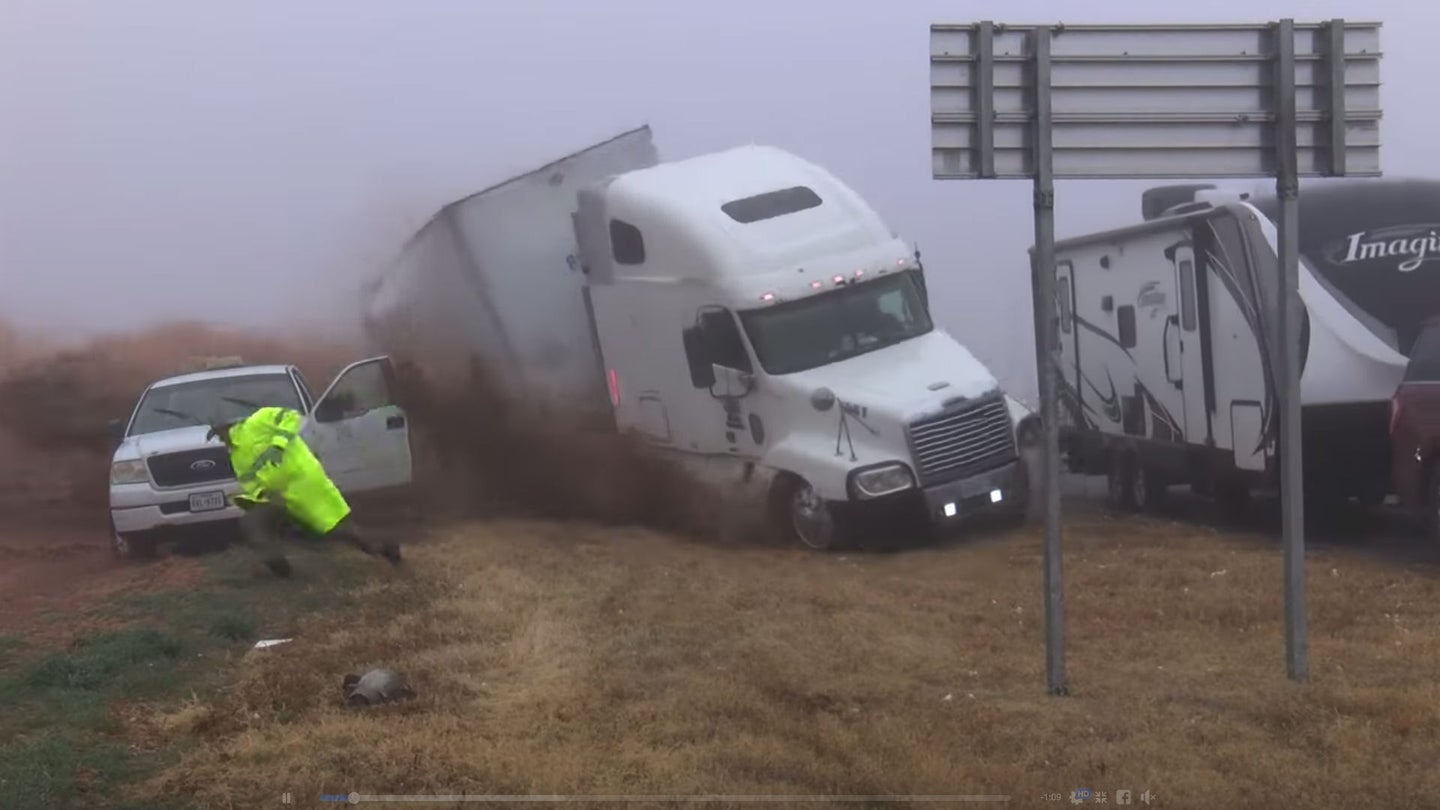 Video Captures Out-of-Control Semi Truck Careening Into Roadside Rescue Crews