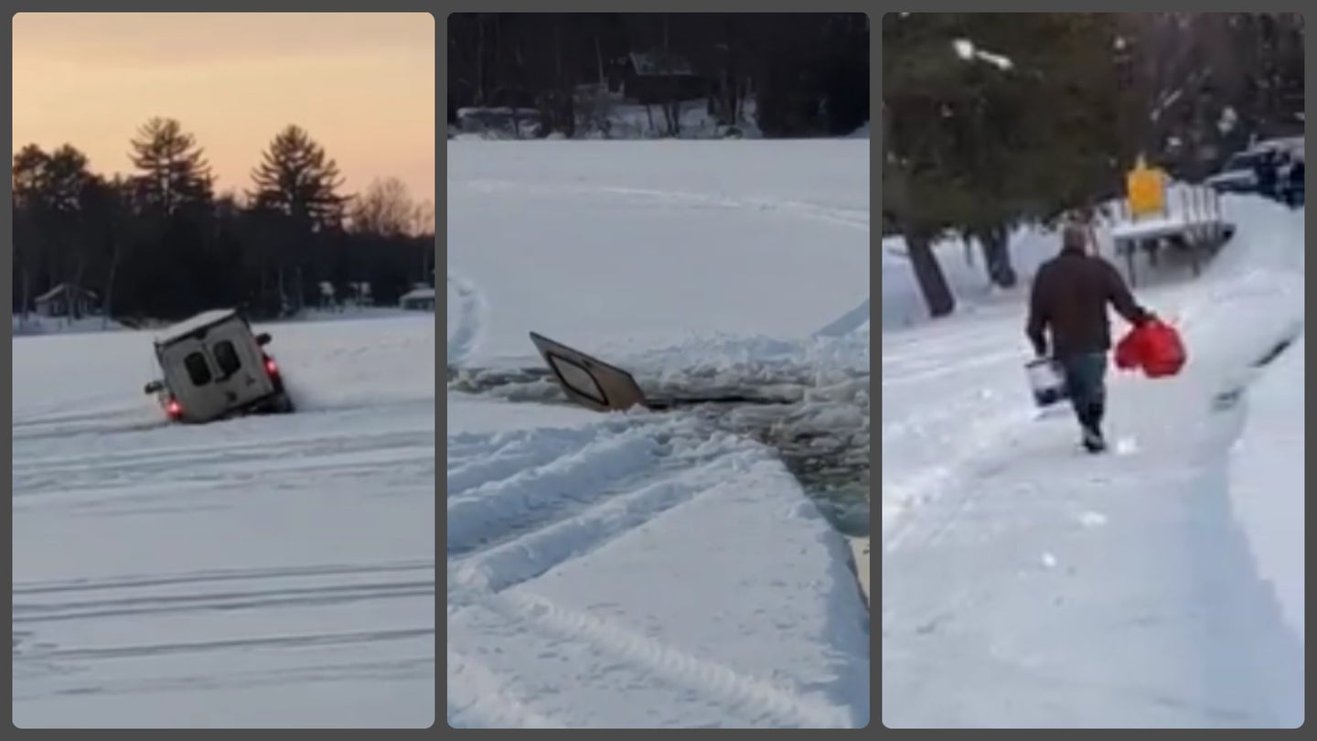 Video: Pickup Truck Speeding on Frozen Michigan Lake Crashes Through Ice