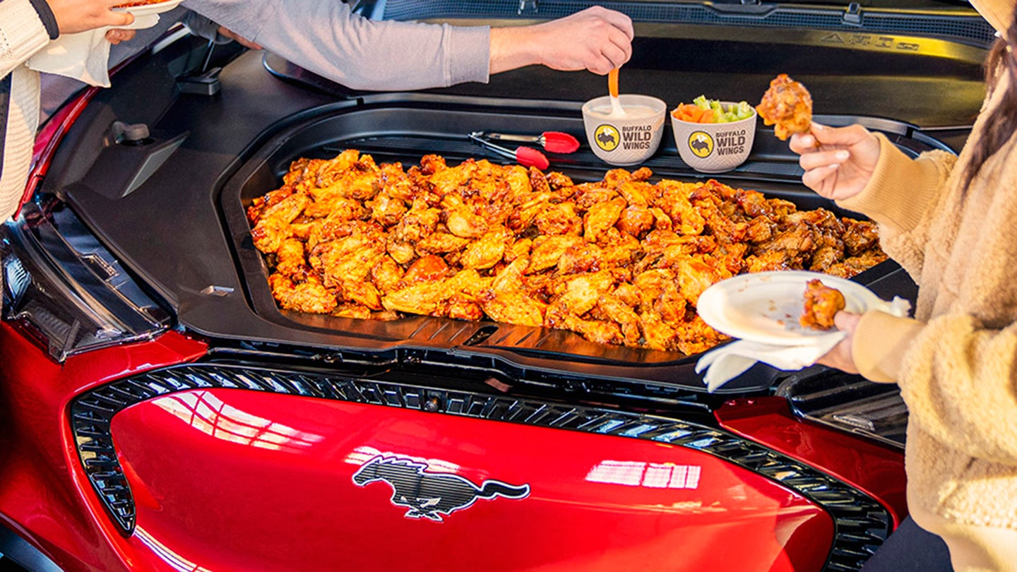 Ford Thinks It’s Fine to Serve Buffalo Wings in the Frunk of a Mustang Mach-E