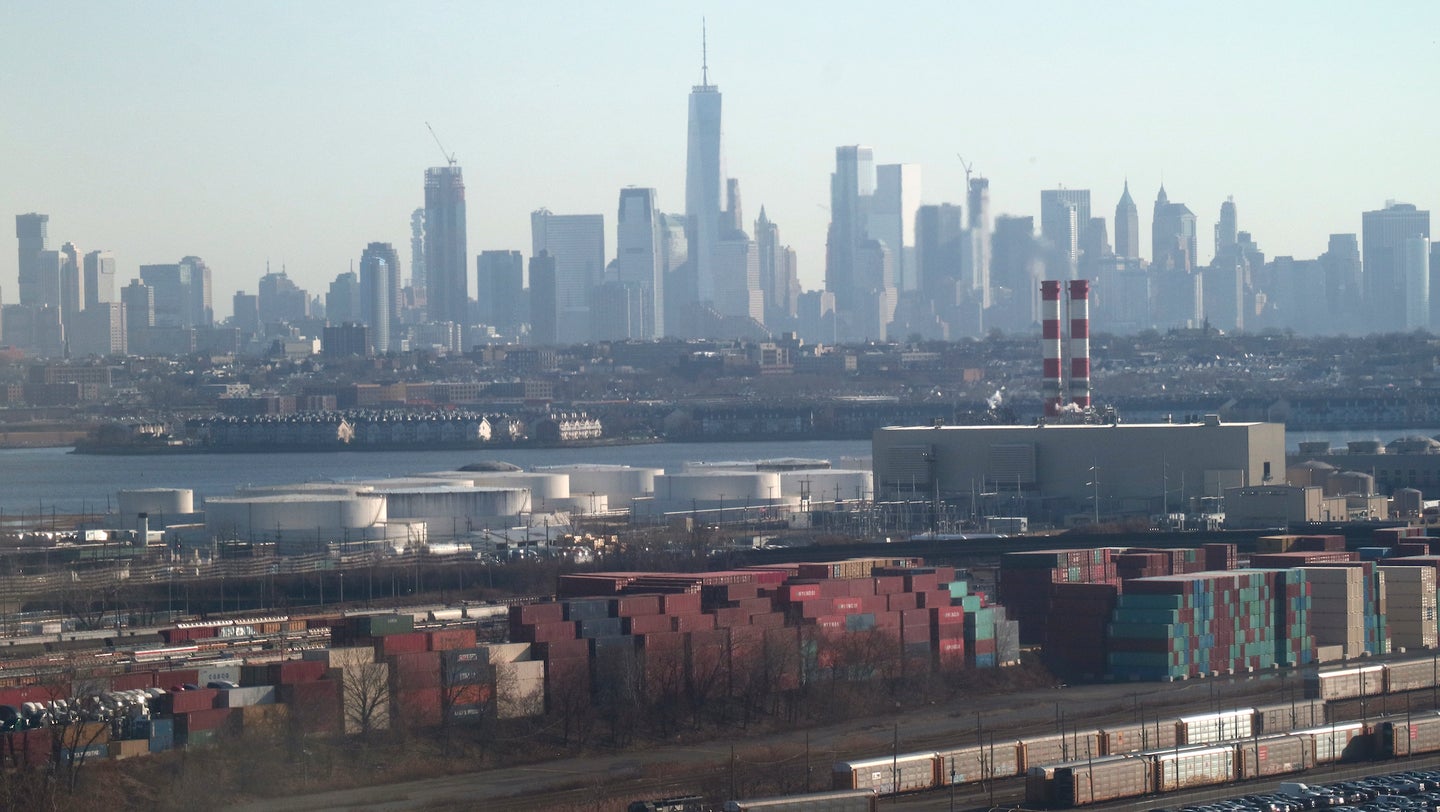 Lower Manhattan in New York City Rises Over Port Newark