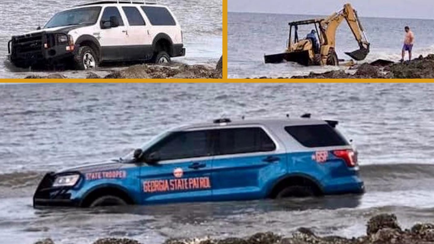 Not One, Not Two, But Three Vehicles Beached Trying to Recover Sunken Police Cruiser