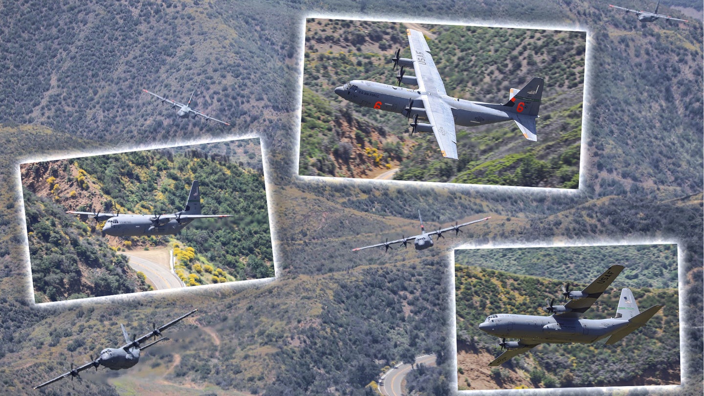 Photographer Catches Formation Of C-130 Transports Flying Through A California Canyon
