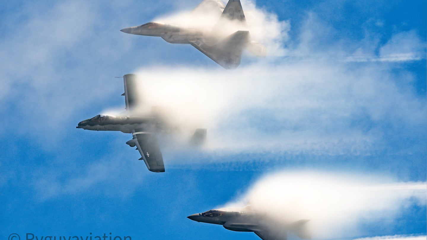 This Shot Of An A-10, F-35, And F-22 Billowing Vapor In Formation Is Absolutely Insane