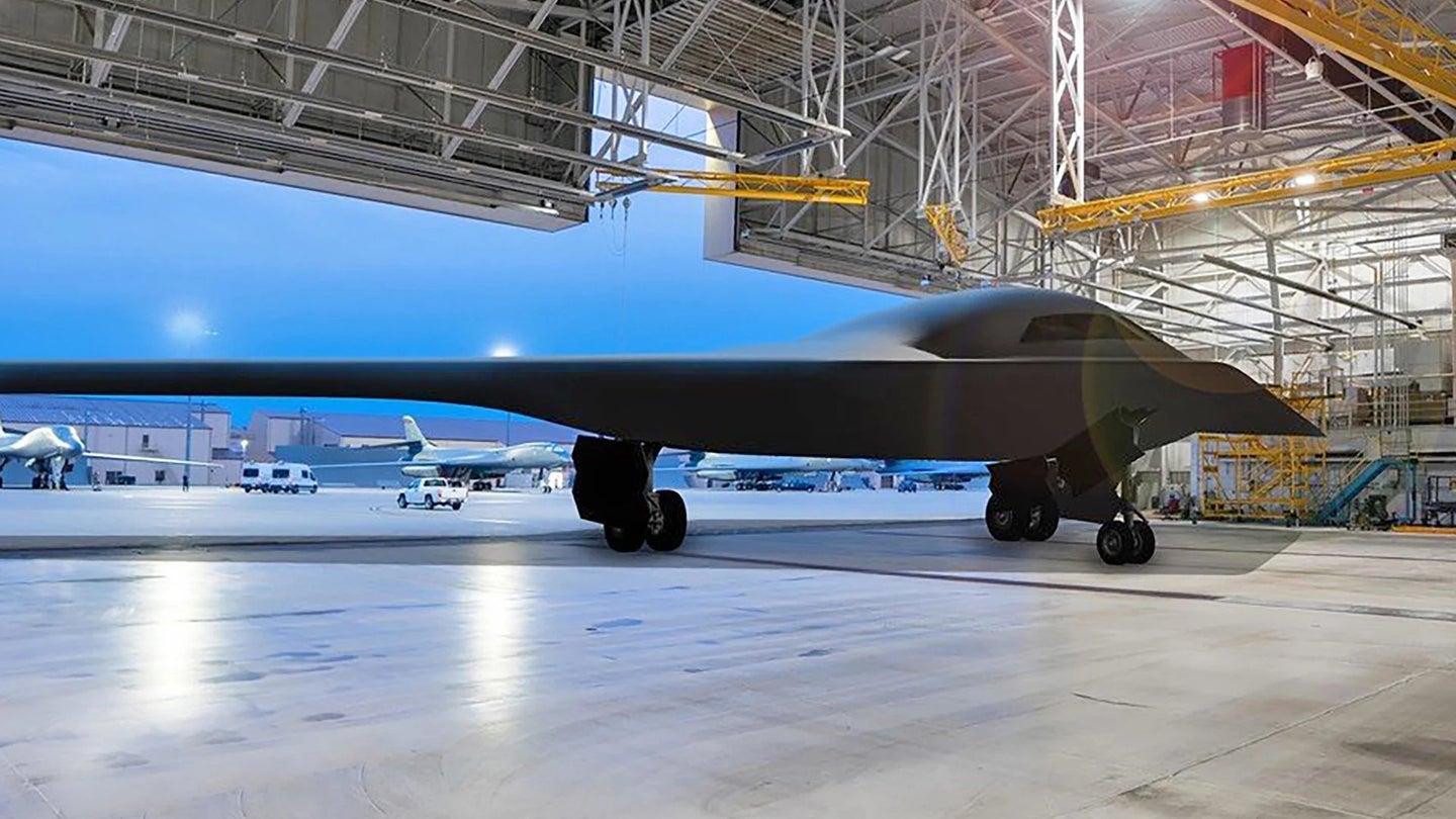 An artist's conception of a B-21 Raider stealth bomber in a hangar at Ellsworth Air Force Base in South Dakota.