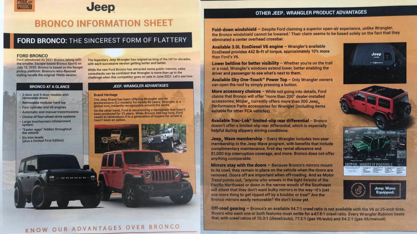 Jeep Dealers&#8217; Wrangler vs Bronco &#8216;Fact Sheet&#8217; Confirms Ford Is Making Them Pretty Nervous