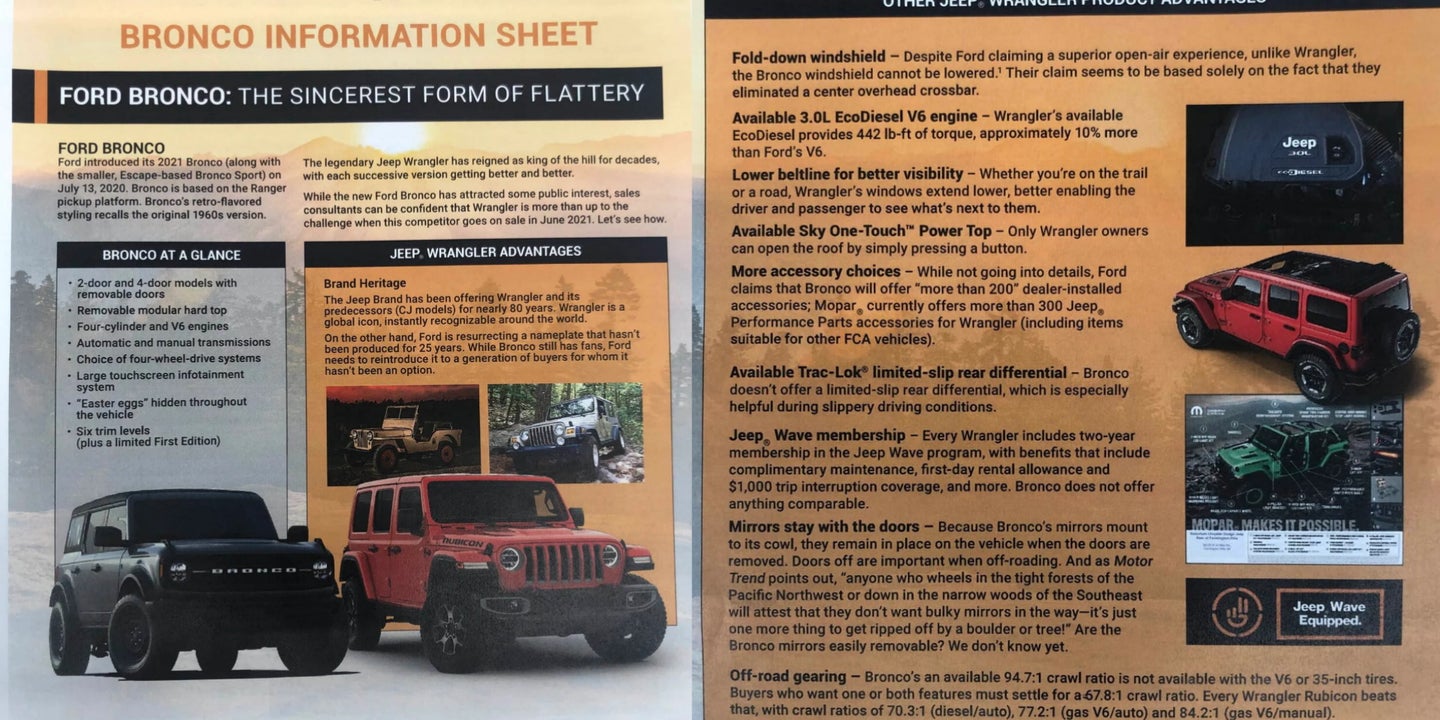 Jeep Dealers’ Wrangler vs Bronco ‘Fact Sheet’ Confirms Ford Is Making Them Pretty Nervous