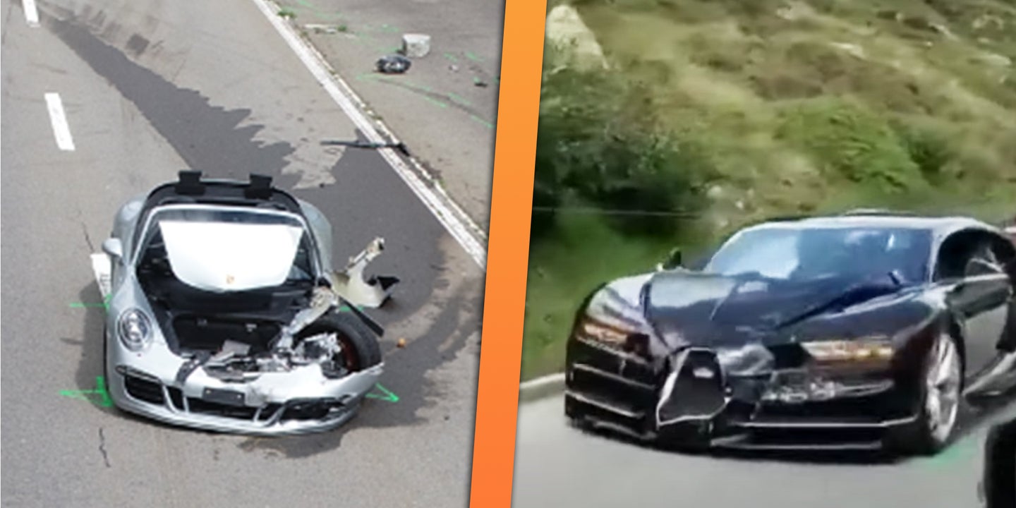 $3M Bugatti Chiron and Porsche 911 GTS Wreck While Trying to Pass an RV