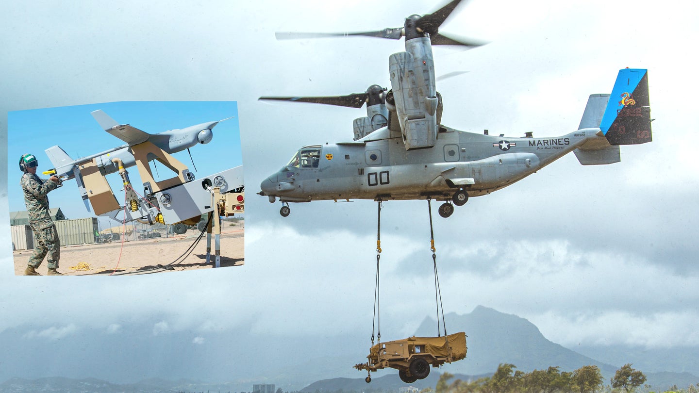 Marine MV-22 Ospreys Flew In An RQ-21 Drone Unit During An Exercise For The First Time