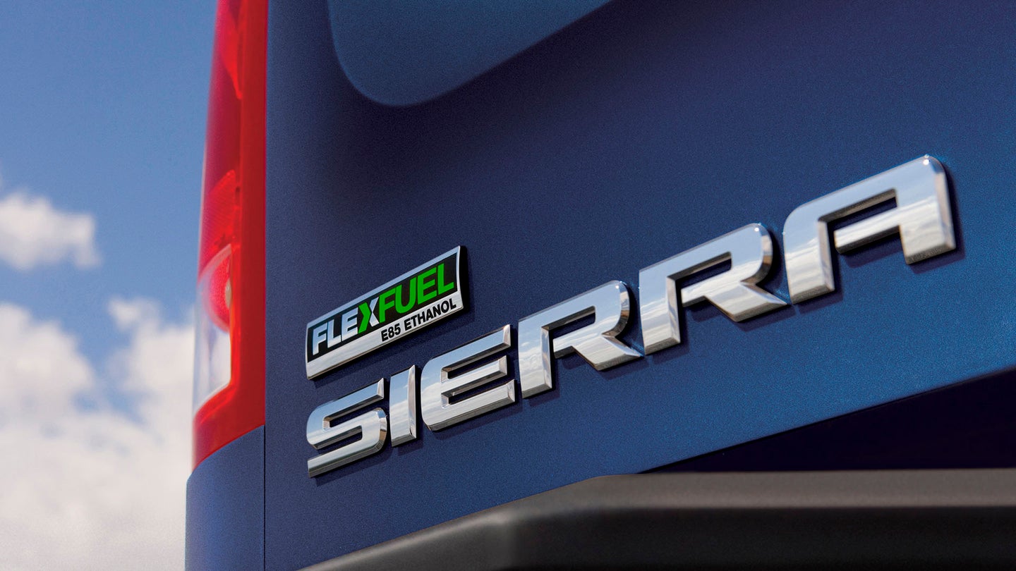 A 2011 GMC Sierra Flex Fuel badge.