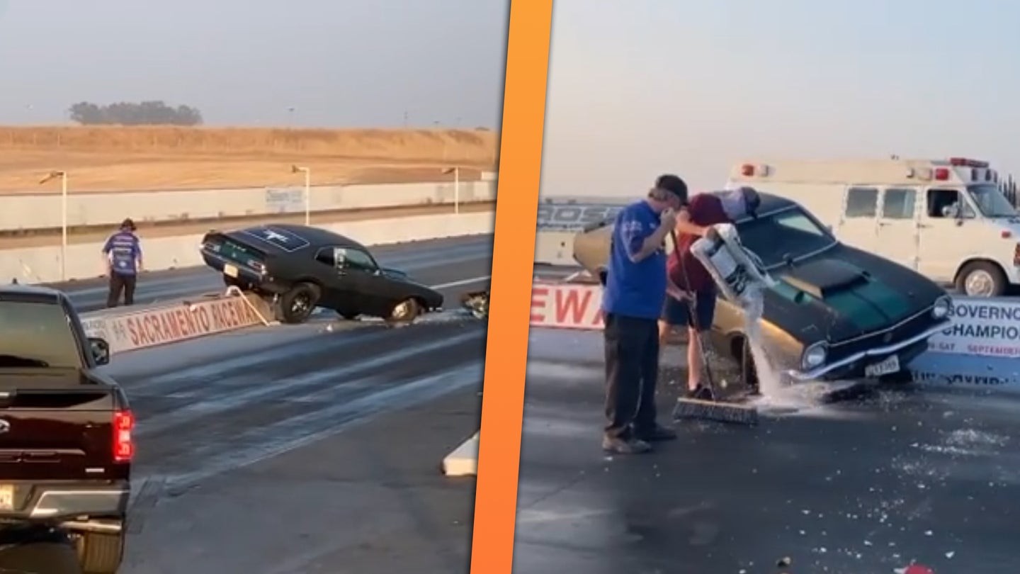 Ford Maverick Drag Racer Immediately Crashes Into the Lights on ‘Mustang Night’