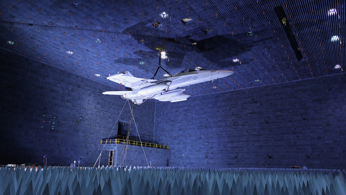 E/A-18G Growler Sports Its New Jamming Pod In The Anechoic Chamber In This Very Sci-Fi Pic