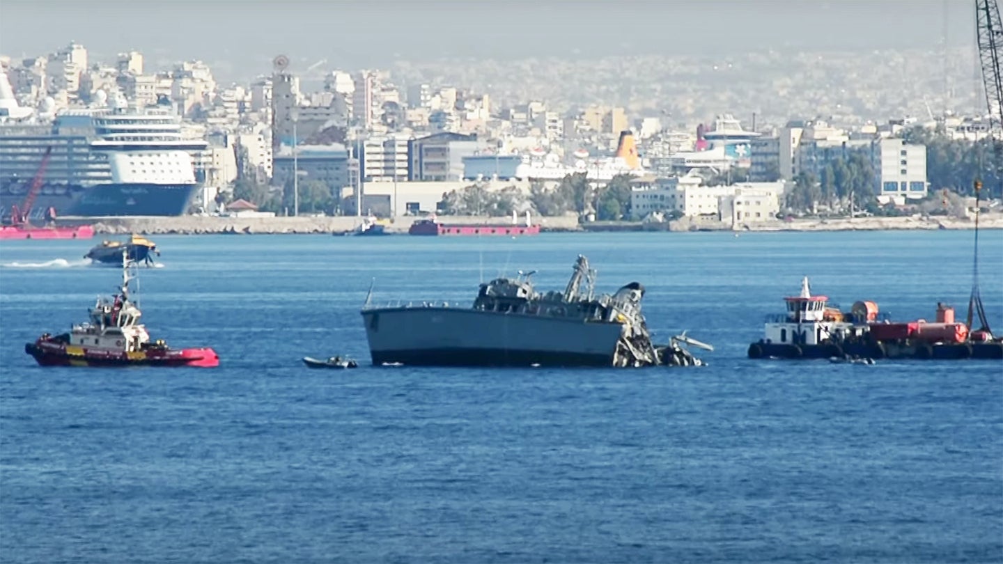 A Greek Navy Minehunting Vessel Got Sliced In Two By A Container Ship