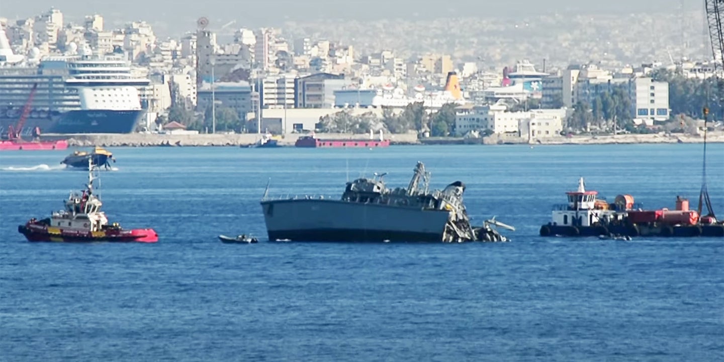 A Greek Navy Minehunting Vessel Got Sliced In Two By A Container Ship