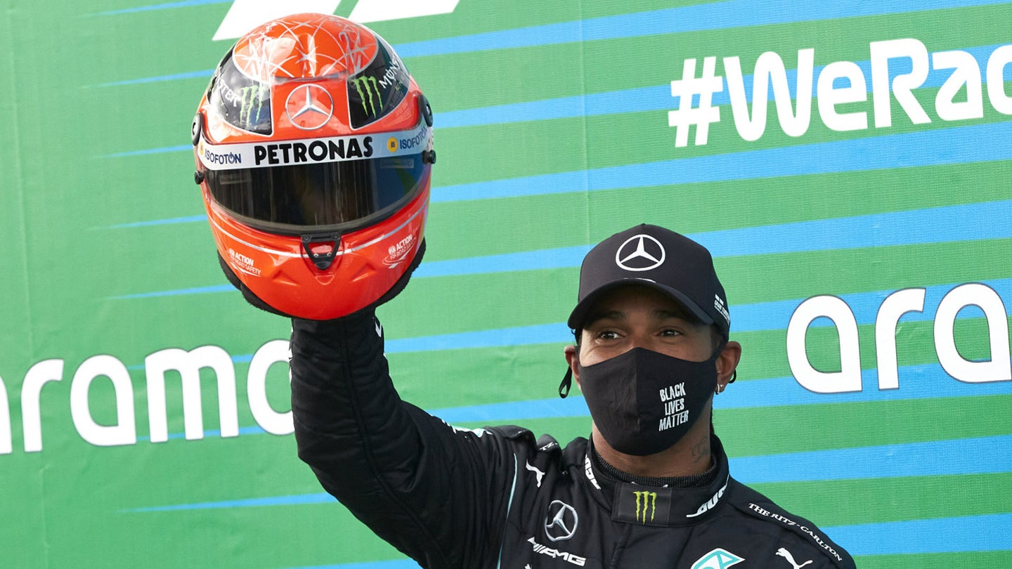 Lewis Hamilton Presented With Schumacher’s Helmet After Tying His F1 Win Record