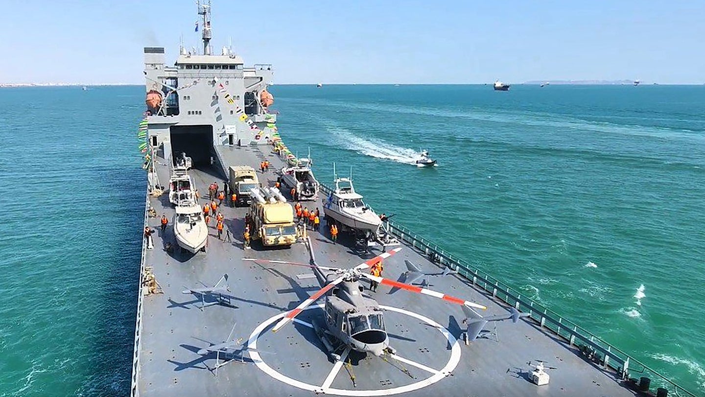 Iran Unveils Its New Sea Base Warship That Looks Like A Floating Arms Bazaar