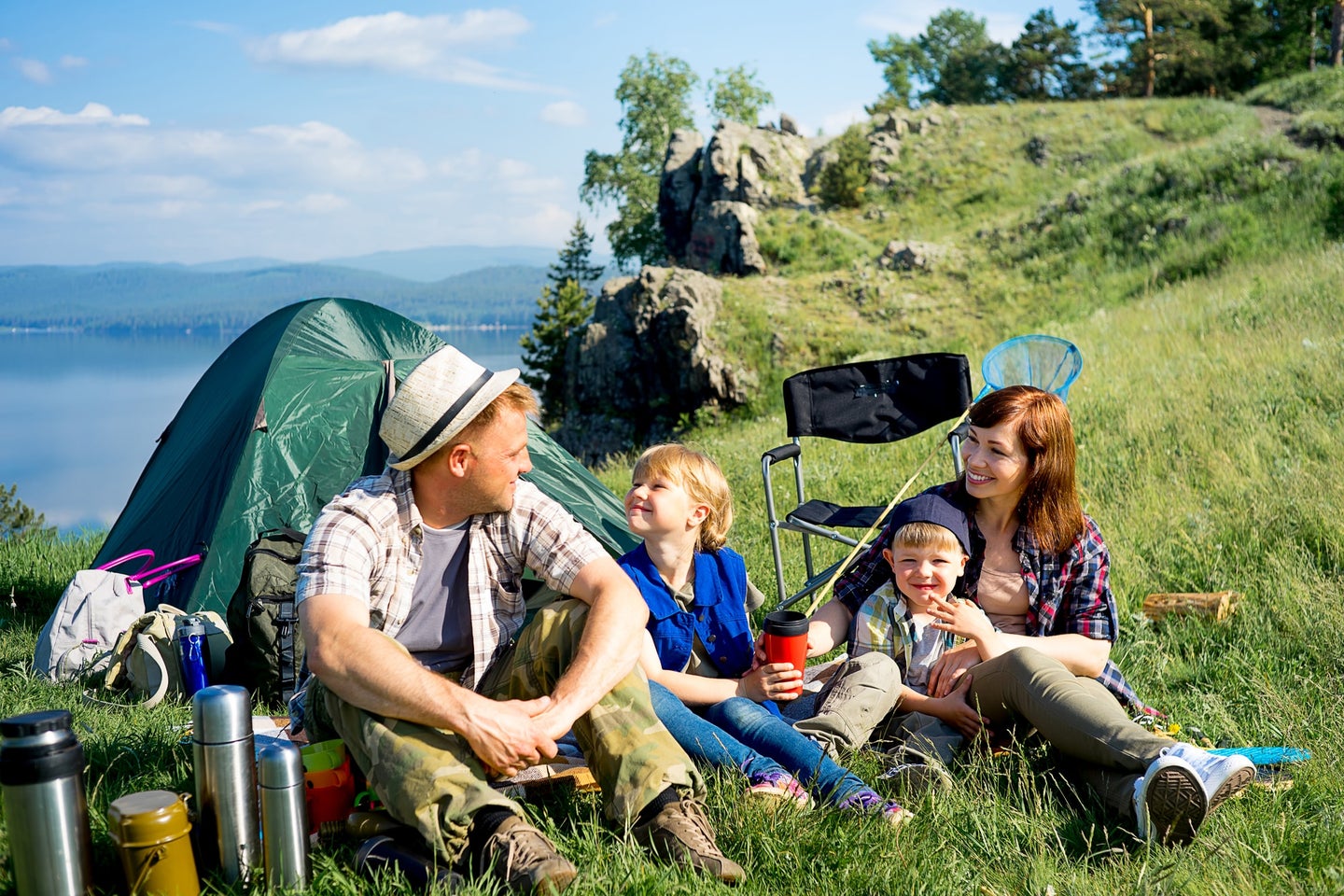 Family camping with tent
