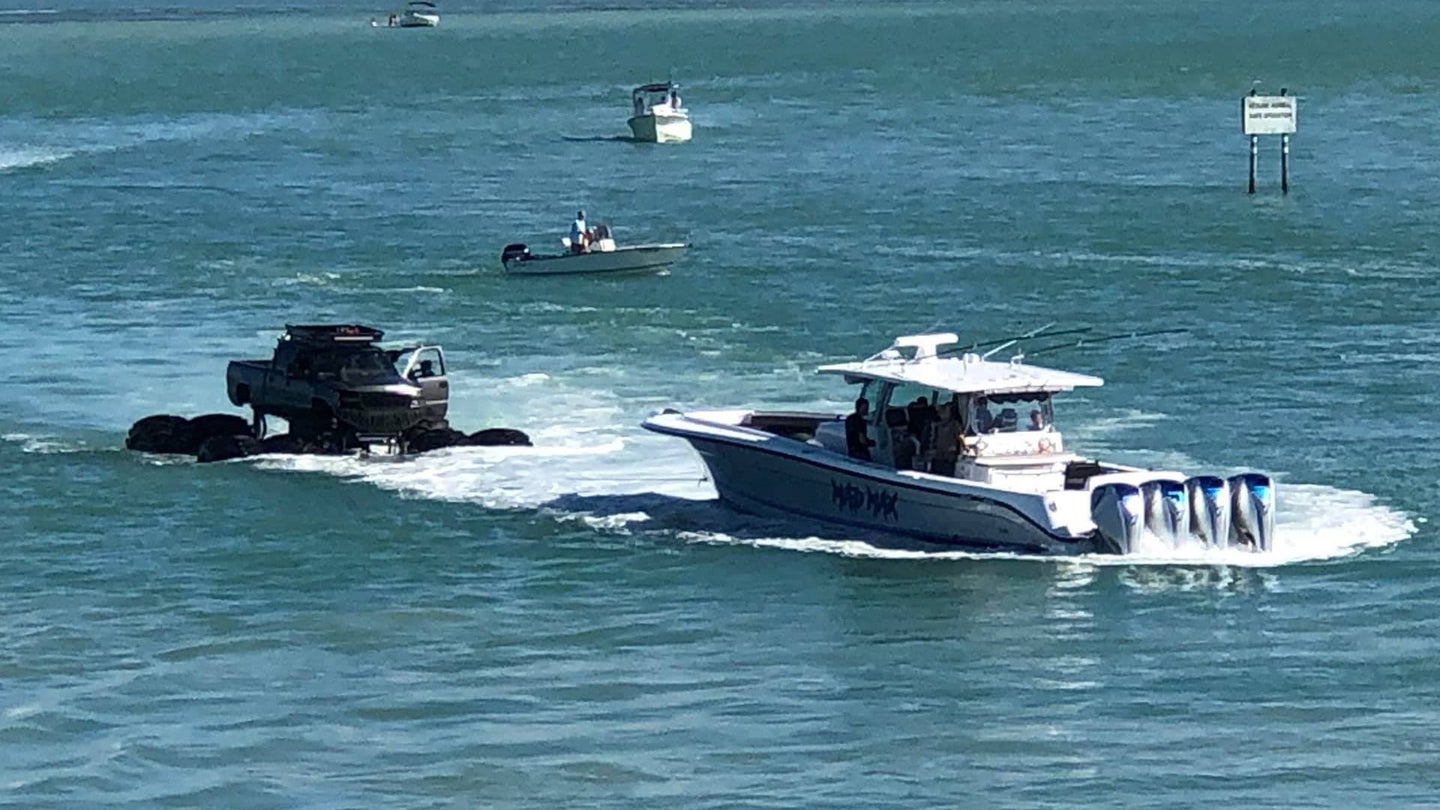 Here’s Why an Eight-Wheeled Chevy Silverado Monster Truck Went Sailing Into a South Florida Bay