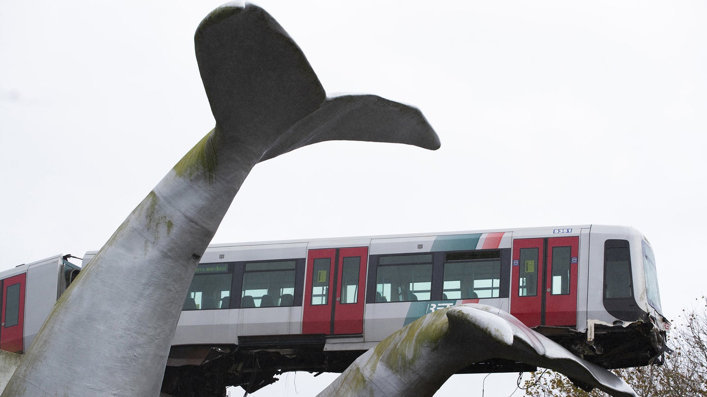 Out of Control Metro Train Comes to a Stop on 30-Foot-Tall Whale Tail Art Installation