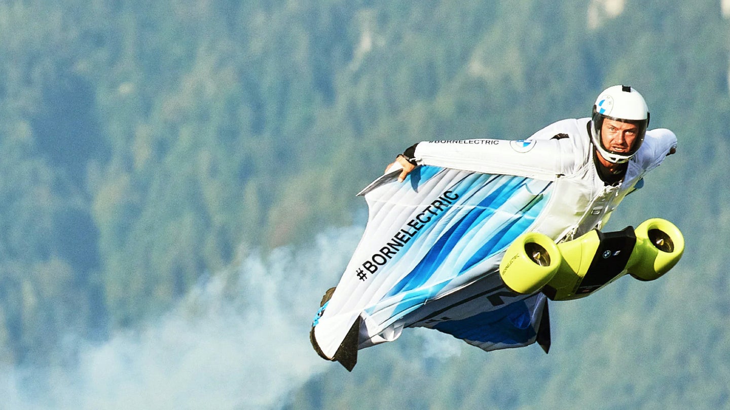 Watch a Wingsuit Basejumper Soar Up and Over a Mountain Using BMW Electric Impellers