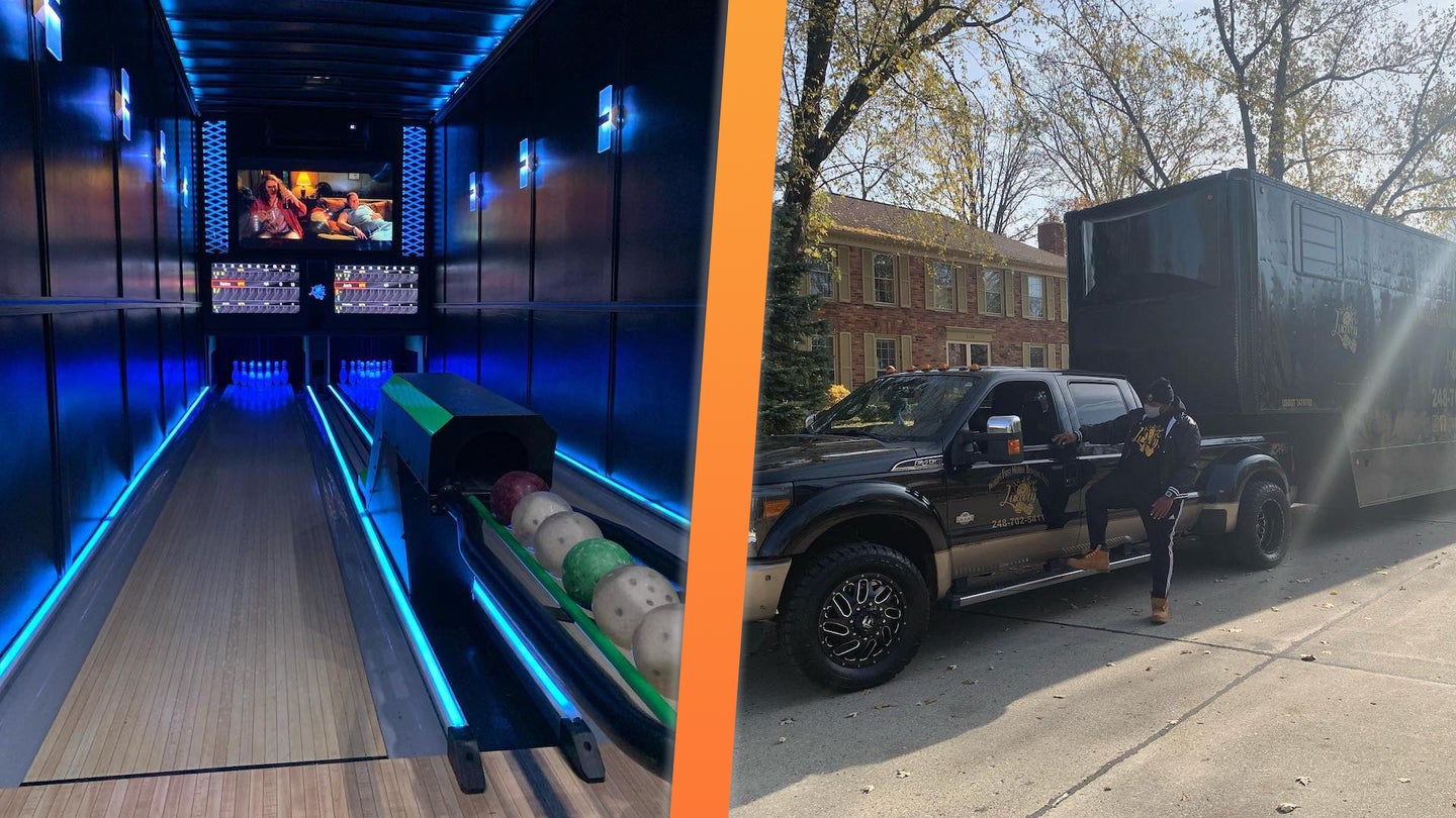 This 53-Foot Mobile Bowling Alley Towed by a Ford Super Duty Is Helping Detroit Beat Cabin Fever