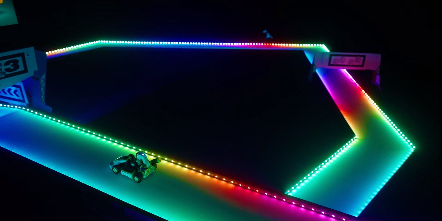 These Guys Made a Real-Life Rainbow Road <em>Mario Kart</em> Track in Their Basement