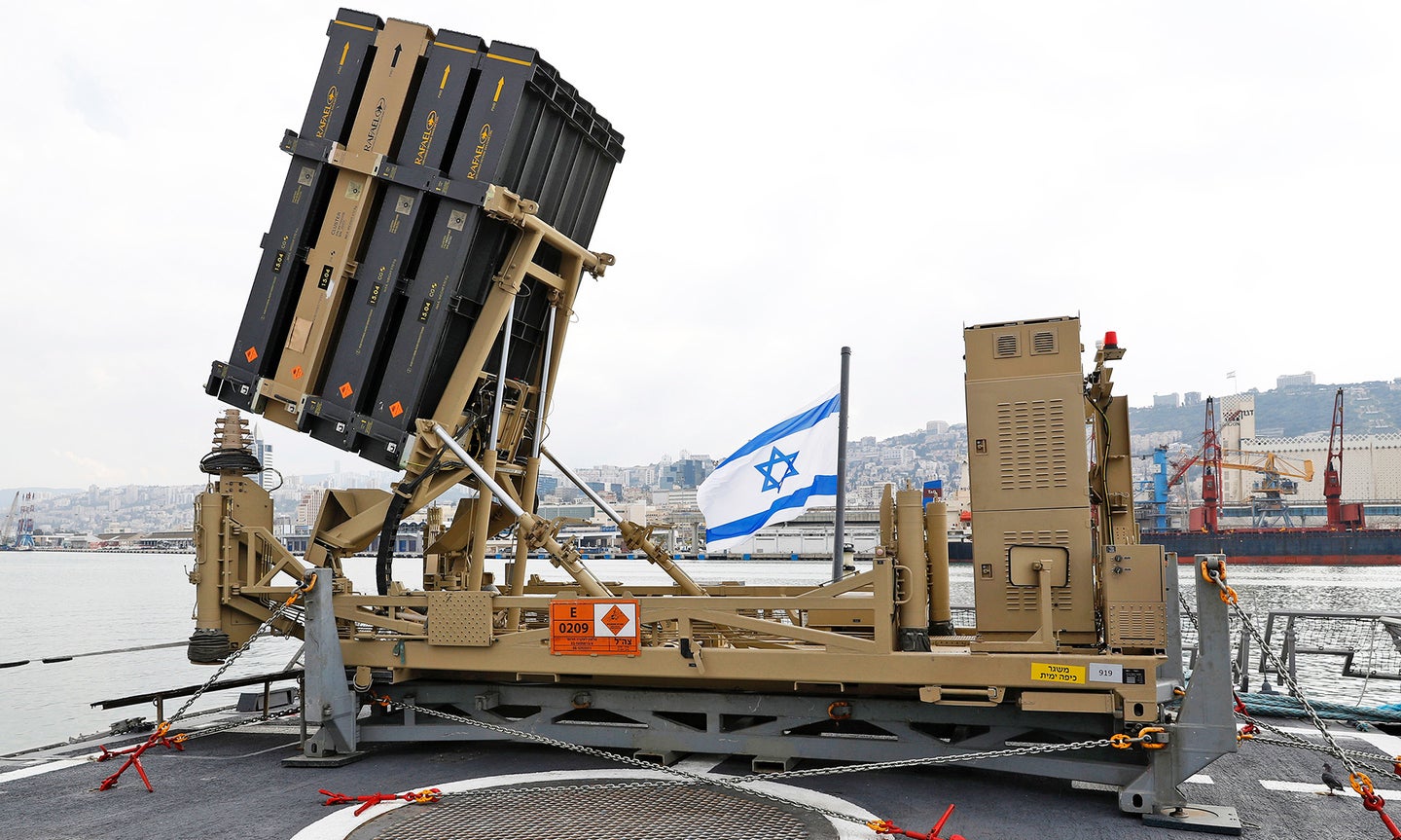 An Iron Dome defence system, installed on a Sa'ar 5 Lahav Class corvette of the Israeli Navy, in the northern port of Haifa, Israel, Feb. 12, 2019. The Iron Dome is designed to intercept and destroy incoming short-range rockets and artillery shells.